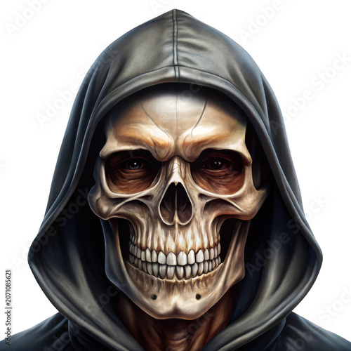 Spooky hooded skeleton with menacing grin and glowing eyes