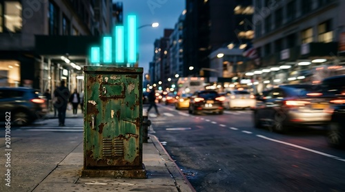 Glowing digital signal bars over a rusty urban utility box at night