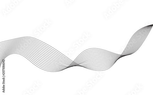 Minimalist black wave lines on white background, abstract flowing ribbon vector illustration, elegant curved line art for modern corporate branding and digital graphic design