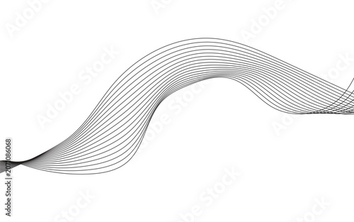 Minimalist black wave lines on white background, abstract flowing ribbon vector illustration, elegant curved linear pattern for modern corporate branding and digital graphic design