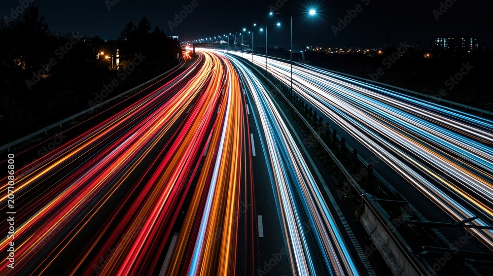 Obraz premium Traffic light trails on highway at night long exposure motion