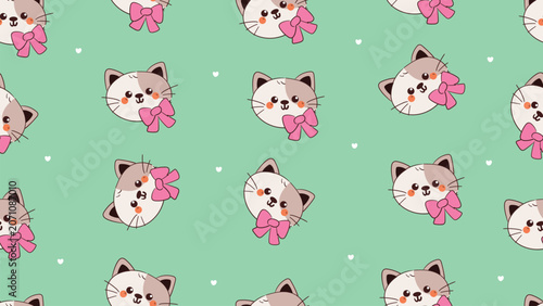 cute hand drawn cartoon cat with pink bow on its neck in blue background pattern for desktop wallpaper