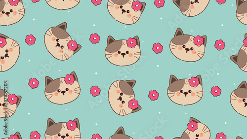 cute hand drawn cartoon cat with flowers in blue background pattern for desktop wallpaper