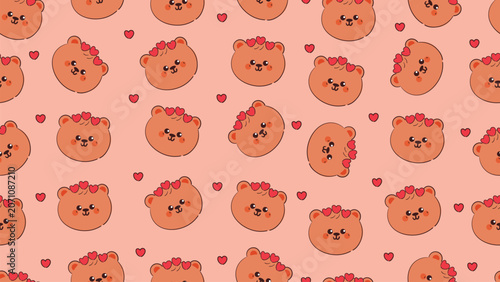 cute hand drawn cartoon bear wearing heart pin in pink background pattern for desktop wallpaper