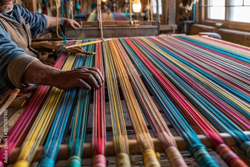 Weaver working at traditional loom colorful threads natural l