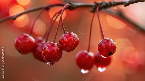 Wild crab apples on branch tiny red fruits autumn bokeh --ar