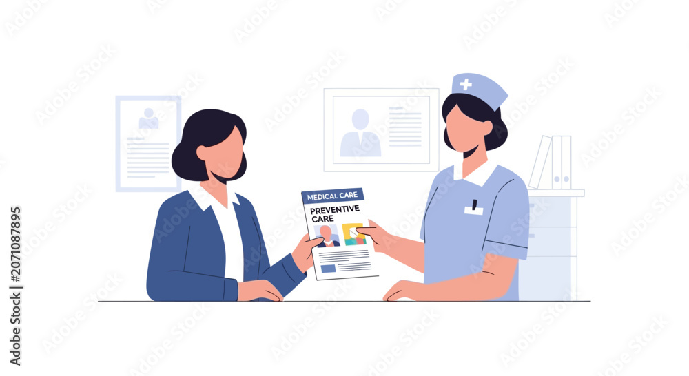 Fototapeta premium Nurse Giving Medical Information To Patient In Clinic Office