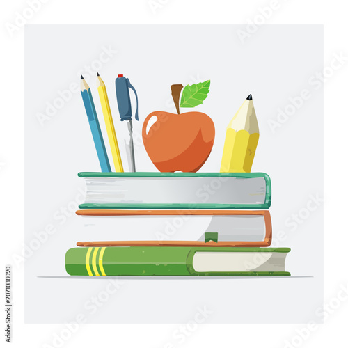 Flat design illustration of school supplies with books and apple