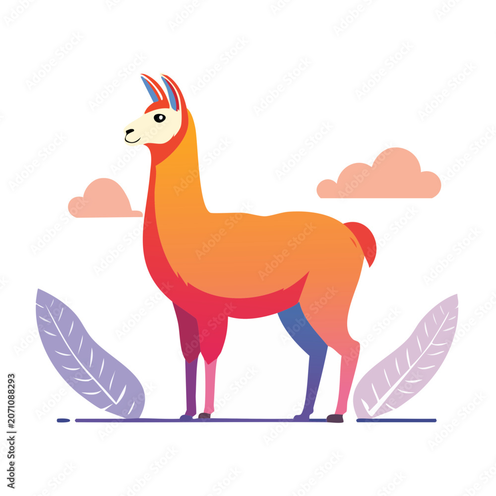 Fototapeta premium Flat design illustration of a colorful llama with clouds and leaves