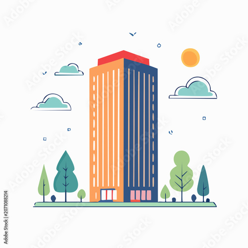 Modern Skyscraper with Trees and Clouds
