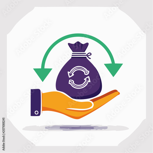 Money bag with recycling symbol on hand and arrows