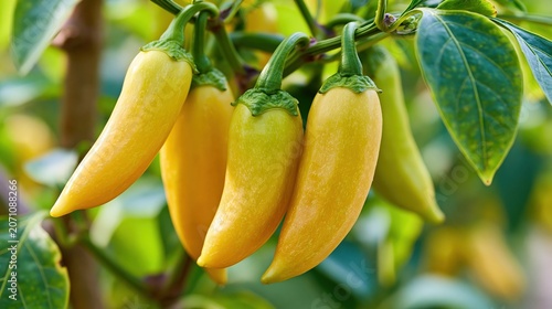 Yellow banana peppers hanging curved golden form garden light