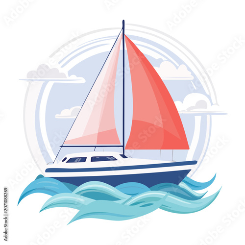 Sailboat on the water with red sails and clouds