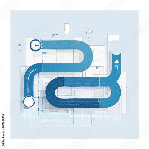 Abstract blue road map with clock and arrows