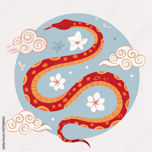 Red Snake Illustration with Clouds and Flowers