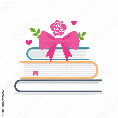 Stack of Books with Pink Bow, Rose, and Hearts