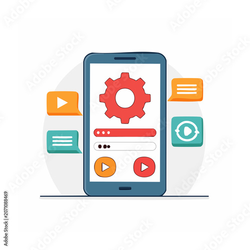 Smartphone interface with settings, play buttons, and chat bubbles