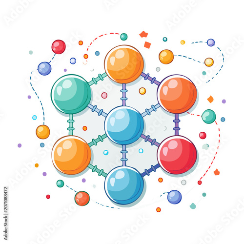 Abstract molecular structure with colorful spheres and connections