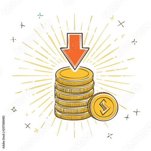 Stack of coins with downward arrow and decorative elements