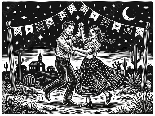 Tableau sur toile Woodcut Style Illustration of a Couple Dancing at a Brazilian Festa Junina Under