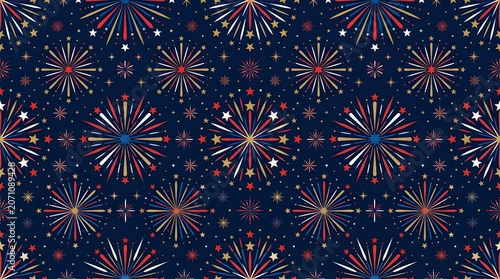 Patriotic fireworks seamless pattern, red white and blue firework bursts on dark navy background, festive Fourth of July holiday wallpaper