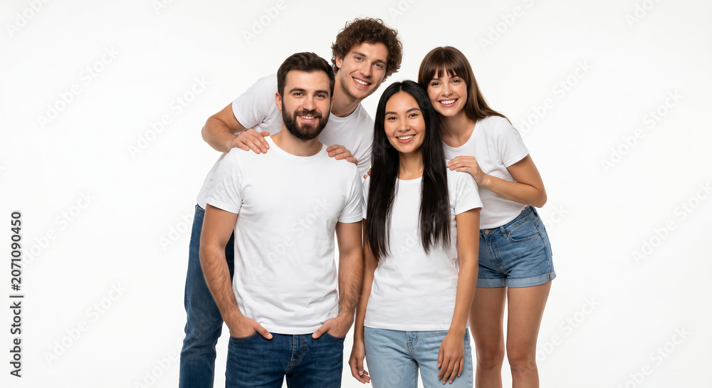Fototapeta premium Portrait of a happy diverse group of young friends wearing blank white t-shirts for design mockup standing together isolated on a white background