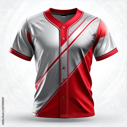 Red and gray striped button-down shirt hanging on hanger.