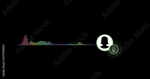 Virtual female character interview voice animation voice recording and podcast mic microphone button icon animation video. Music equalizer signal animation