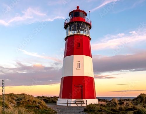 A tall, vibrant lighthouse with red and white stripes stands tall against a stunning sunset with a colorful sky. It is situated near coastal vegetation