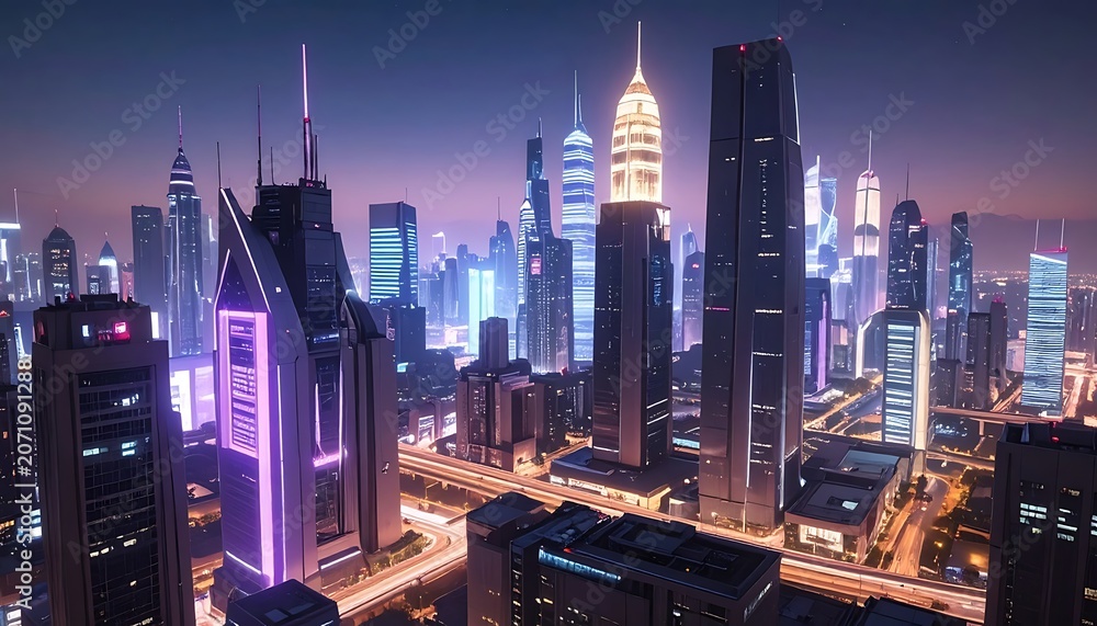 Obraz premium Modern cityscape at dusk with skyscrapers.