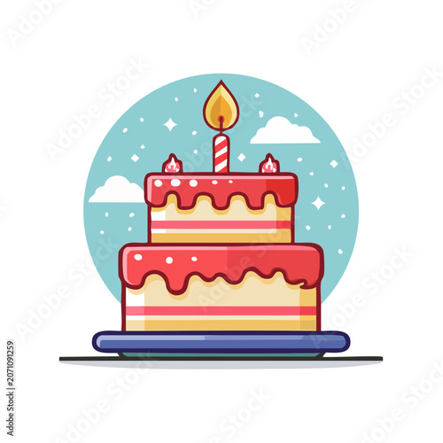 Flat illustration of a birthday cake with lit candle