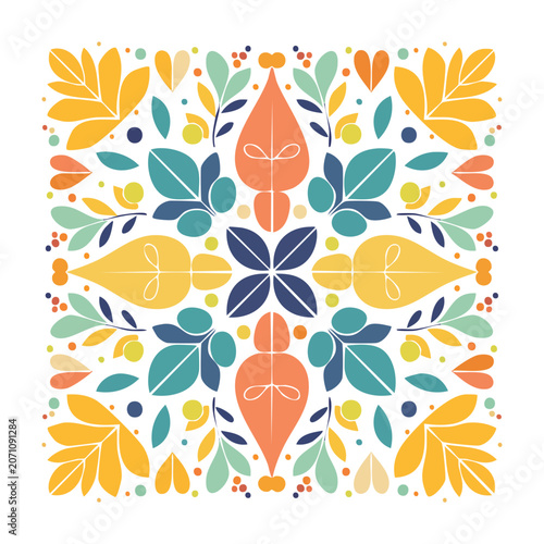 Geometric mandala with floral and sun motifs