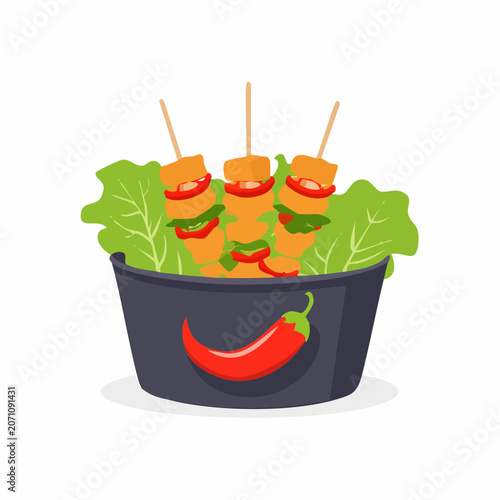 Illustration of food skewers with lettuce and chili pepper graphic