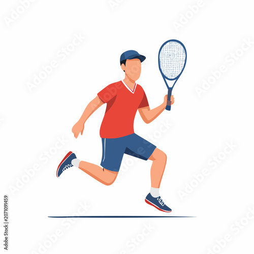 Man playing tennis, running with racket