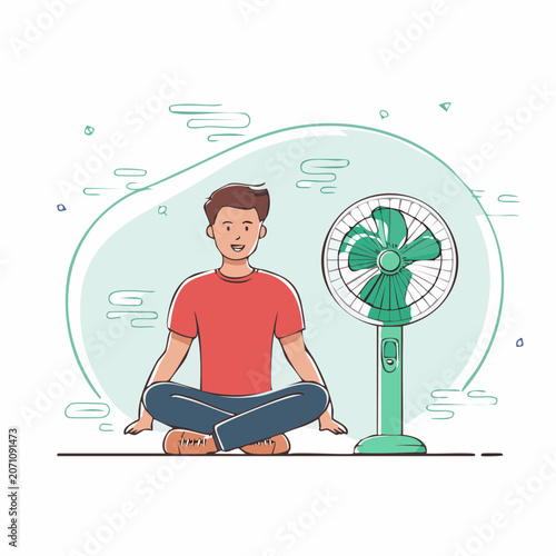 Man sitting cross-legged in front of a cooling fan
