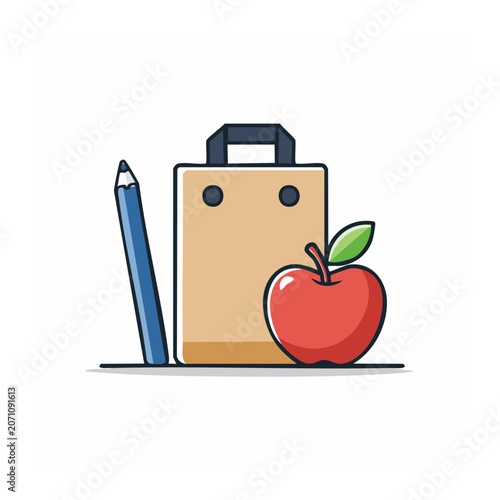 School bag with pencil and apple flat illustration