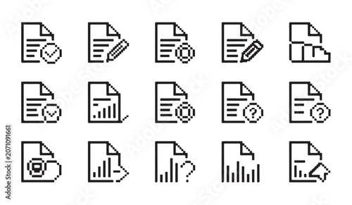Fotografía Pixelated document icons with edit save delete add and statistics options for software interface