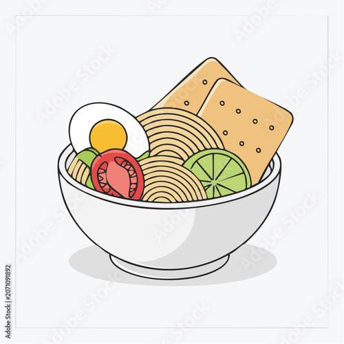 Bowl of noodles with egg, tomato, lime and crackers