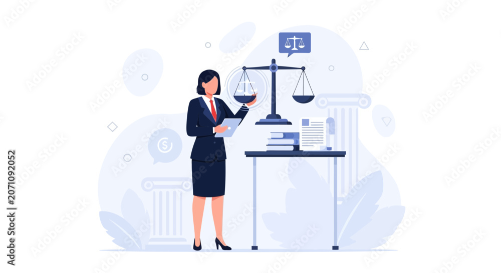 Obraz premium Female Lawyer or Judge Holding Scales of Justice and Tablet, Representing Law, Justice, and Legal Services