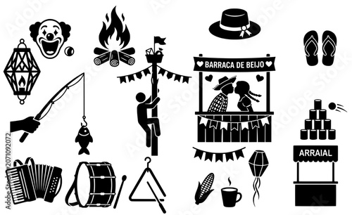 Brazilian June Festival Festa Junina Silhouette Vector Icon Set, Transparent background
