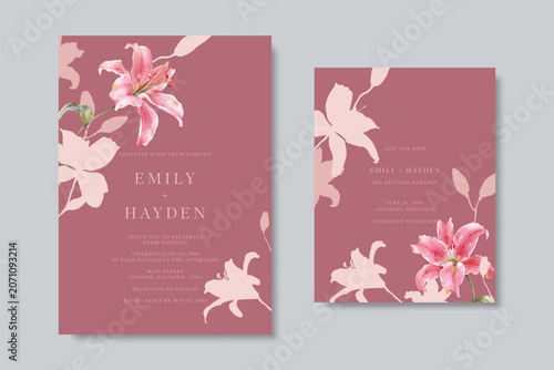 Elegant wedding invitation and save the date template card set with watercolo...