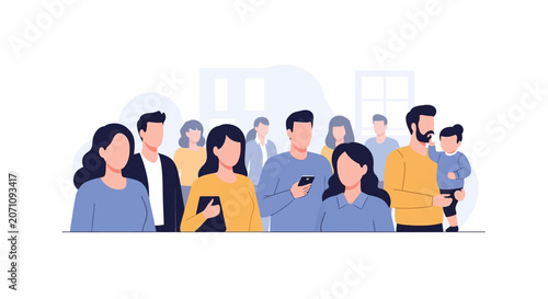 Diverse group of people standing together, community, teamwork, modern illustration, flat design
