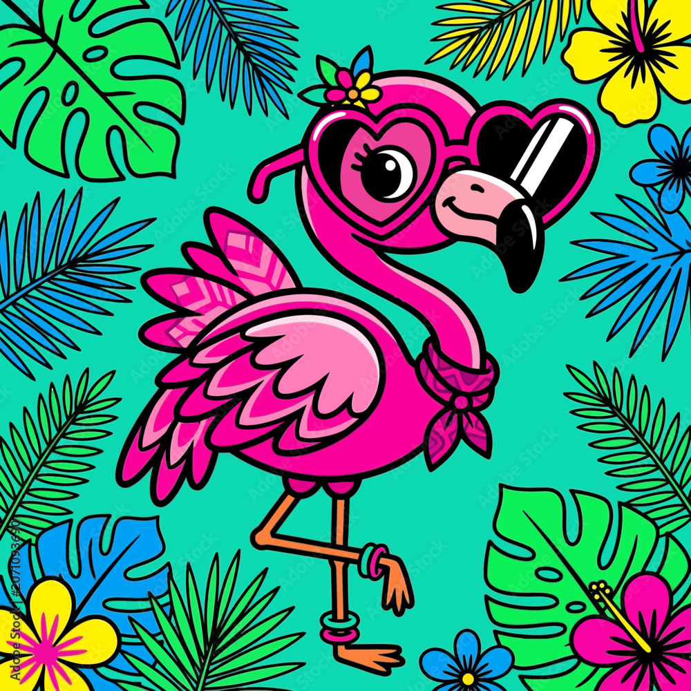 Fototapeta premium Cute pink flamingo with heart sunglasses and tropical leaves
