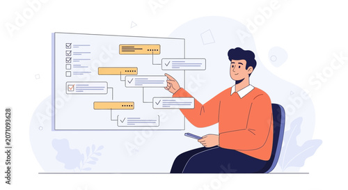 Man planning strategy on a whiteboard, flowchart and checklist concept, business planning, teamwork, project management illustration