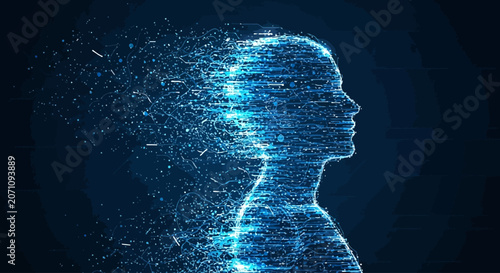 Abstract digital human silhouette formed by countless glowing particles on a dark blue background, representing artificial intelligence and futuristic technology