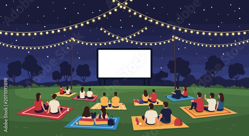 Outdoor movie night under string lights with people on blankets watching a blank screen in the evening