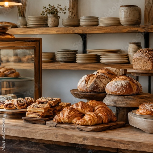 Cozy bakery display with croissants bread and artisan pastries