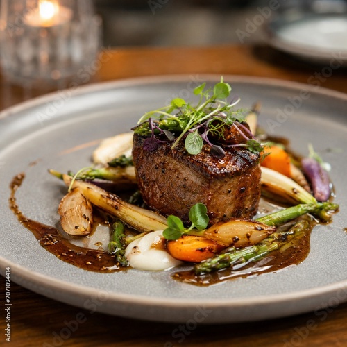 Chef special plated entree with seasonal vegetables and refined sauce