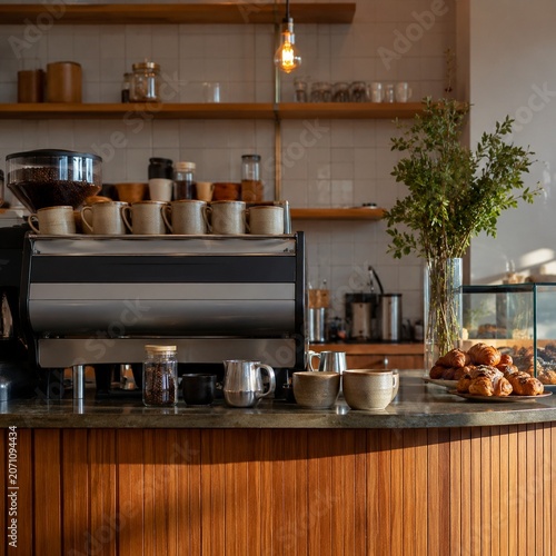 Independent espresso bar counter with coffee cups beans and pastries