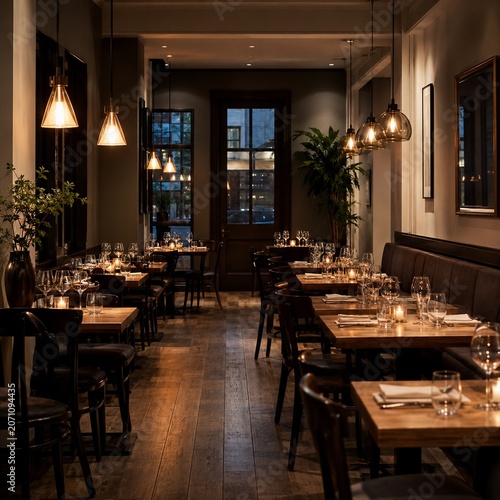 Warm empty bistro dining room with set tables and candlelight